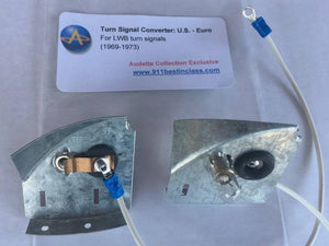 AC Porsche LWB turn signal assemblies for 1969-1973, metal components with wiring, U.S. to Euro conversion.