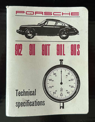 Porsche Technical Specifications Booklet 1967 with vintage car illustration and speedometer.