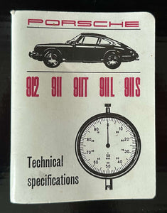 Porsche Technical Specifications Booklet 1967 with vintage car illustration and speedometer.