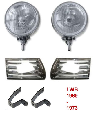 Premium LWB 1969-1973 TTG fog light kit with grille set and mounting brackets for Porsche 911 lighting upgrade.
