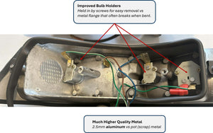 Premium aluminum taillight assembly for Porsche F/G-Series (1969-1989) with improved bulb holders and high reflectivity.