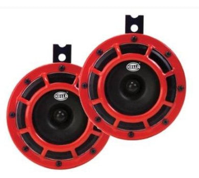 HELLA Red SuperTone horns with red grille, high/low frequency design.