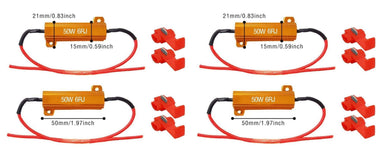Set of four inline resistors for LED signal light bulbs, 6 Ohm 50W kit, suitable for tail, turn, brake applications.