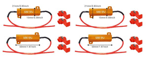 Set of four inline resistors for LED signal light bulbs, 6 Ohm 50W kit, suitable for tail, turn, brake applications.
