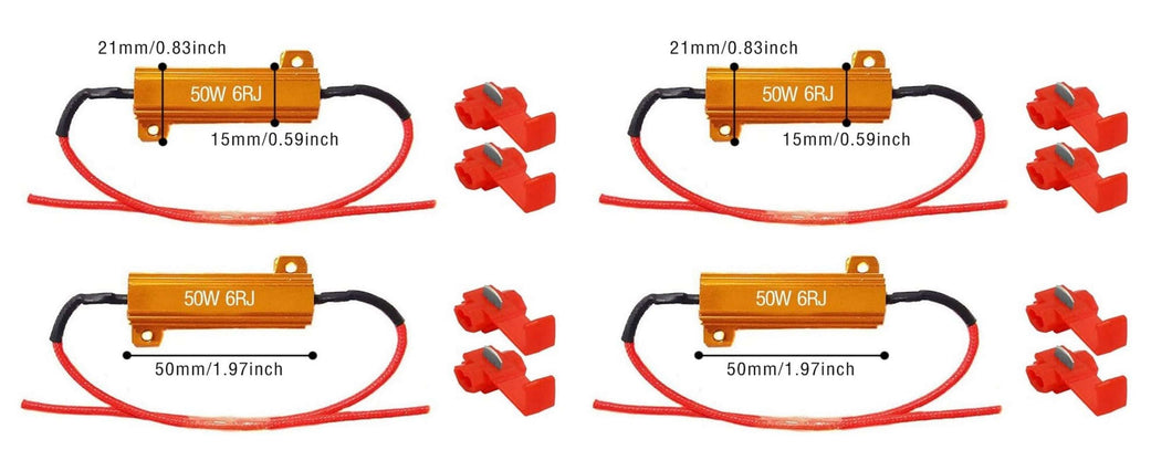 Set of four inline resistors for LED signal light bulbs, 6 Ohm 50W kit, suitable for tail, turn, brake applications.
