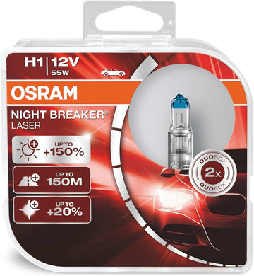 Osram Night Breaker Laser H1 bulbs pack with increased light output.