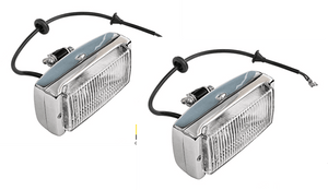 Fog lights for Porsche 911/930 (1974-1983) in chrome finish with back mounts, compatible with Bosch lenses.