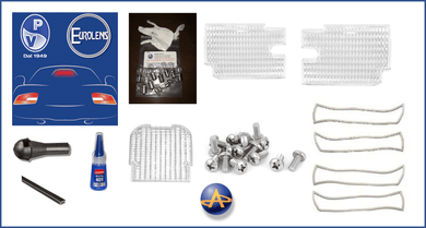 Porsche 911 LWB turn signal and taillight rebuild kit components, including lenses, screws, and adhesive.
