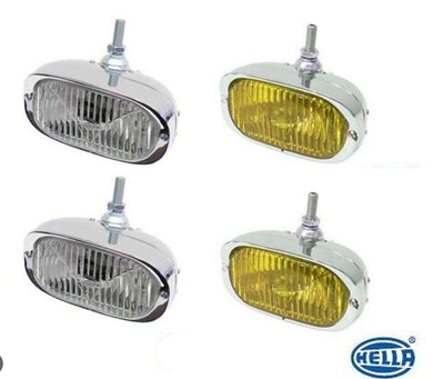 Hella OEM 128 Fog Lights for Porsche 911 SWB (1960-1968), clear and amber lens options with included bulbs.