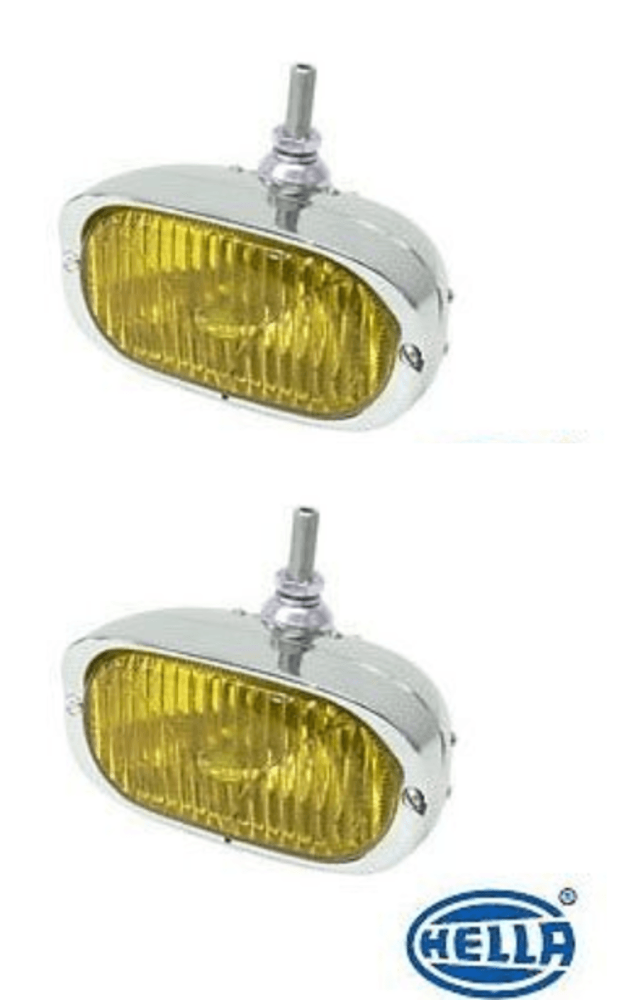 Hella OEM 128 Fog Lights for Porsche 911 SWB (1960-1968) with amber lenses.